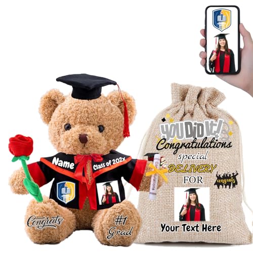 FAHOXUMR Personalisierter Abschluss-Teddybär 2024 mit Rose & Geschenktüte, Abschlussbär für Abschlussfeier 2024 als Graduation Geschenke für Frauen Männer (30cm-Text+Foto) von FAHOXUMR