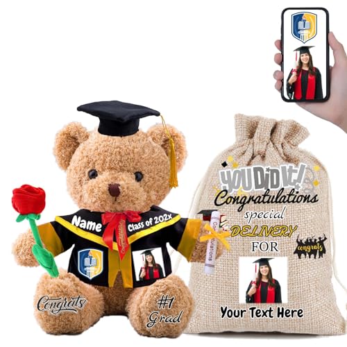FAHOXUMR Personalisierter Abschluss-Teddybär 2024 mit Rose & Geschenktüte, Abschlussbär für Abschlussfeier 2024 als Graduation Geschenke für Frauen Männer (40cm-Text+Foto) von FAHOXUMR