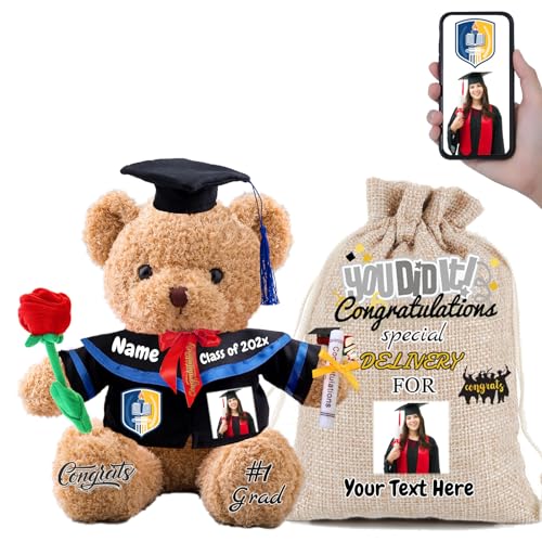 FAHOXUMR Personalisierter Abschluss-Teddybär 2024 mit Rose & Geschenktüte, Abschlussbär für Abschlussfeier 2024 als Graduation Geschenke für Frauen Männer (40cm-Text+Foto) von FAHOXUMR