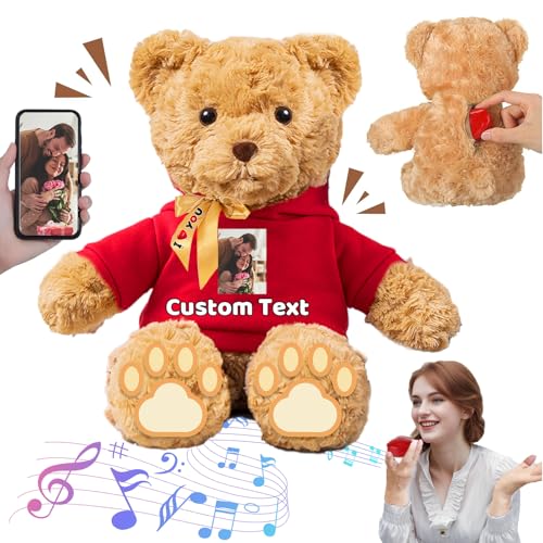 FAHOXUMR Personalisierter Teddybär mit Aufzeichnung für Sie Ihn, Personalisierte Geschenke Teddybär mit Text+Foto als Besondere Geschenke für Valentinstag Weihnachten Geburtstag (32cm-Text+Foto) von FAHOXUMR