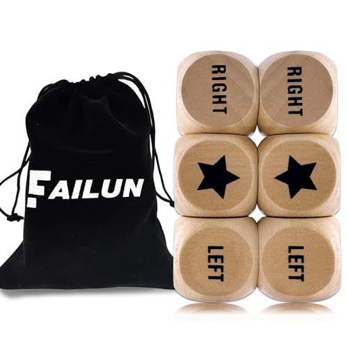 FAILUN Spielwürfel links rechts mittig 2,5 cm aus Holz mit Kordelzugbeutel, einfach zu verstauen und zu transportieren, praktisch für Reisen (6 Stück) von FAILUN