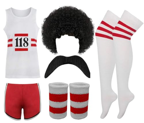 FAIRY BOUTIQUE 118 Kostüm für Herren und Damen, Weste + Shorts + Afro-Perücke + Tash + Socken + Armband, Set Marathon Retro Outfit (Uni, 118 Kostüme, 6-teiliges Set, XL) von FAIRY BOUTIQUE