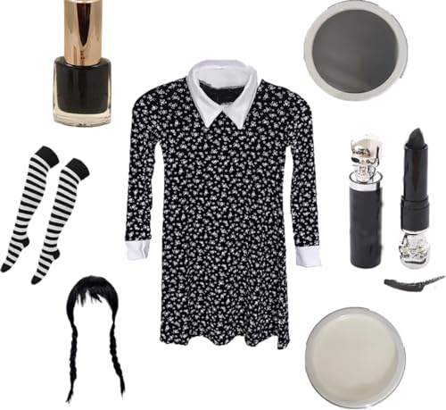 FAIRY BOUTIQUE Damen-Kostüm, Gothic-Mädchen-Kostüm, schwarzer Lippenstift, Gesichtsfarbe, Nagelfarbe, Perücke, Socken, Halloween-Outfit (mittel/groß) von FAIRY BOUTIQUE