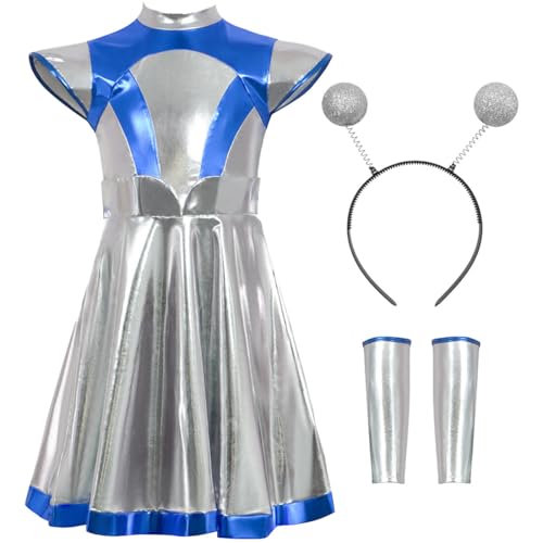 Damen Alien Kostüm Space Cosplay Kleid Einteiliges Metallic Glänzend Alien Kleid Mit Stirnband Handschuhe Cosplay Set für Halloween, Party-Outfit von FAIRYRAIN