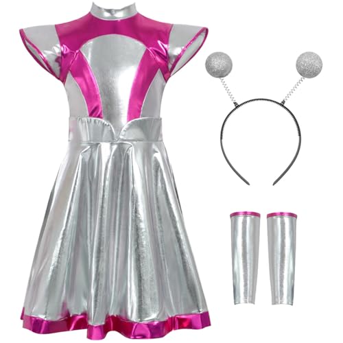 Damen Alien Kostüm Space Cosplay Kleid Einteiliges Metallic Glänzend Alien Kleid Mit Stirnband Handschuhe Cosplay Set für Halloween, Party-Outfit von FAIRYRAIN