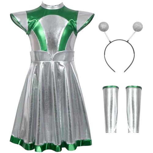 Damen Alien Kostüm Space Cosplay Kleid Einteiliges Metallic Glänzend Alien Kleid Mit Stirnband Handschuhe Cosplay Set für Halloween, Party-Outfit von FAIRYRAIN