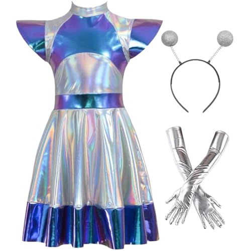 Damen Alien Kostüm Space Cosplay Kleid Einteiliges Metallic Glänzend Alien Kleid Mit Stirnband Handschuhe Cosplay Set für Halloween, Party-Outfit von FAIRYRAIN