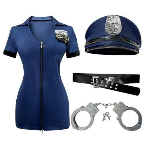 FAIRYRAIN 5 pcs Damen Polizei Kostü Polizistin Uniform mit Mütze Handschnelle Cop Costume Komplettes Outfit für Halloween Karneval Party von FAIRYRAIN