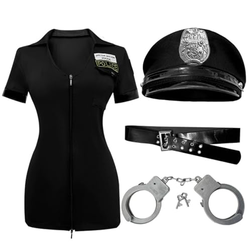 FAIRYRAIN 5 pcs Damen Polizei Kostü Polizistin Uniform mit Mütze Handschnelle Cop Costume Komplettes Outfit für Halloween Karneval Party von FAIRYRAIN