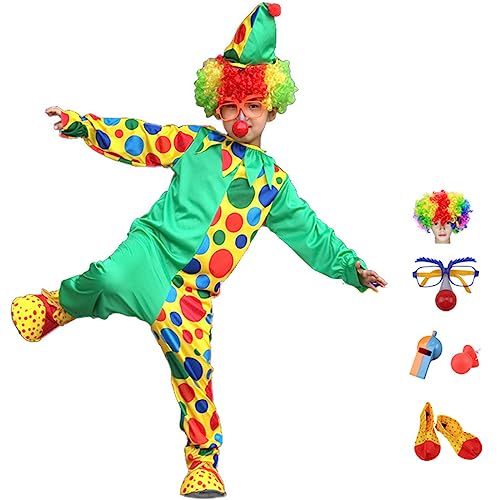 FAIRYRAIN Clown Kostüm Kinder Set, Karneval Cosplay Costume Overall Clown Nase, Schuhe, Hut, Clown Perücke, Handschuhe für Halloween Weihnachten Karneval L FAIRYRAIN Clown Kostüm Kinder Set, Karneval Cosplay Costume Overall Clown Nase, Schuhe, Hut, Clown Perücke, Handschuhe für Halloween Weihnachten Karneval L von FAIRYRAIN