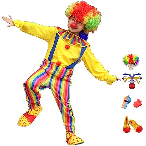 FAIRYRAIN Clown Kostüm Kinder Set, Karneval Cosplay Costume Overall Clown Nase, Schuhe, Hut, Clown Perücke, Handschuhe für Halloween Weihnachten Karneval L FAIRYRAIN Clown Kostüm Kinder Set, Karneval Cosplay Costume Overall Clown Nase, Schuhe, Hut, Clown Perücke, Handschuhe für Halloween Weihnachten Karneval L von FAIRYRAIN