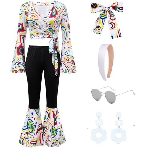 FAIRYRAIN Damen 60er 70er Jahre Kostüm Hippie Bekleidung Disco Outfit Gläser Ohrringe Karneval Cosplay Set für Halloween, Party-Outfit von FAIRYRAIN