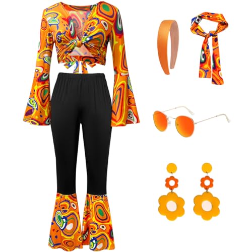 FAIRYRAIN Damen 60er 70er Jahre Kostüm Hippie Bekleidung Disco Outfit Gläser Ohrringe Karneval Cosplay Set für Halloween, Party-Outfit von FAIRYRAIN