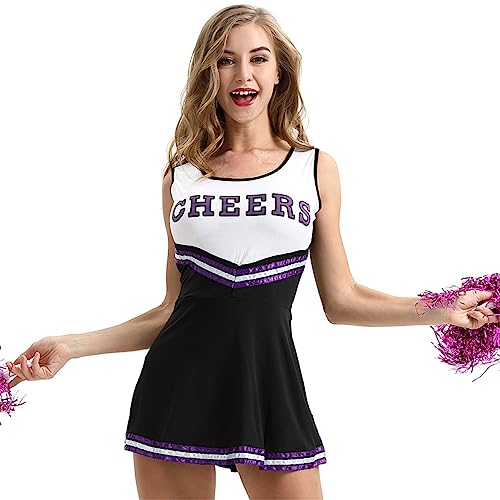 FAIRYRAIN Damen Cheerleader Kostüm Cheerleading Uniform Crop Top mit Minirock Uniform Kein Match Pom Poms Socken Halloween Party Verkleidung Karneval Set XXL von FAIRYRAIN