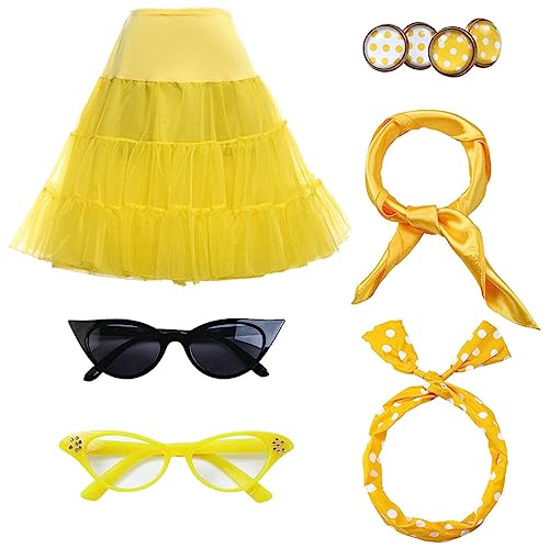 FAIRYRAIN Damen Halloween 50er Jahre Rockabilly 1950s Kostüm Accessoires Petticoat Unterrock, Bandana Haarband Ohrringe Handschuhe Katzenaugen Sonnenbrille Schal für Motoparty Retro Teily Party L von FAIRYRAIN