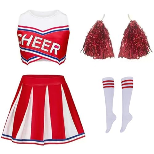 FAIRYRAIN Damen High school musical cheerleader kostüm Crop Tops + Rock + Socken + Pompoms Karneval Cosplay Set für Halloween, Party-Outfit FAIRYRAIN Damen High school musical cheerleader kostüm Crop Tops + Rock + Socken + Pompoms Karneval Cosplay Set für Halloween, Party-Outfit von FAIRYRAIN