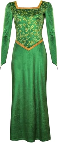 FAIRYRAIN Damen Maxikleid Fiona Kostüm Cosplay Kleid Prinzessin Grün Einteiliges Kleid Samt Langarm Abendkleid für Halloween, Cosplay, Party-Outfit von FAIRYRAIN