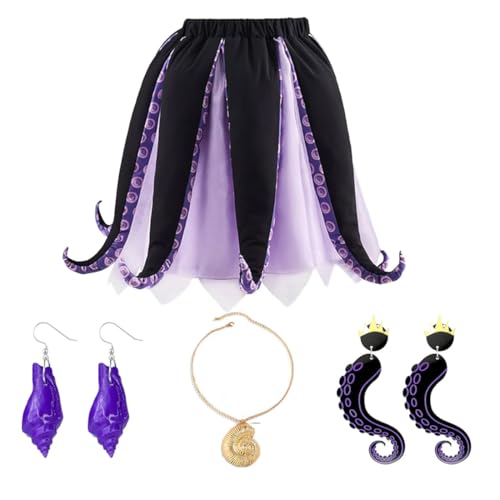 FAIRYRAIN Damen Ursula Kostüm Lila Oktopus Rockkleid Halskette Ohrringe Cosplay Set für Halloween, Party-Outfit von FAIRYRAIN