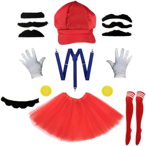FAIRYRAIN Erwachsene Kostüm Cosplay Super Brothers Halloween Damen mit Hut Schnurrbart Handschuhe Gelbe Knöpfe Socken Rock Setfür Karneval Cosplay Party von FAIRYRAIN