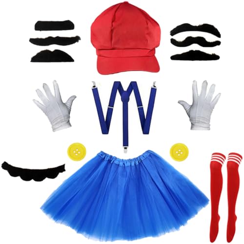 FAIRYRAIN Erwachsene Kostüm Cosplay Super Brothers Halloween Damen mit Hut Schnurrbart Handschuhe Gelbe Knöpfe Socken Rock Setfür Karneval Cosplay Party von FAIRYRAIN
