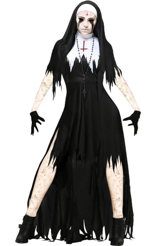 FAIRYRAIN Halloween Horror Halloween Nonne kostüm Damen Scary Kleid mit Schleier Kostüm Robe Pastor Priester Cosplay Zombie Vampir Cosplay Set für Halloween, Party-Outfit von FAIRYRAIN
