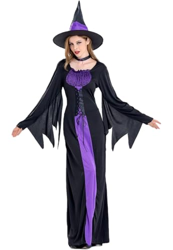 FAIRYRAIN Halloween Karneval Hexenkostüm Damen Hexenkleid Mittelalter Renaissance Kostüm Witch Karneval Cosplay Set für Halloween, Party-Outfit von FAIRYRAIN