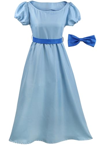 Halloween Damen Wendy Kostüm Kleid Blau Maxi Prinzessin Kleid mit Fliege Gürtel Kostüm Maxikleid Set für Halloween, Party-Outfit von FAIRYRAIN