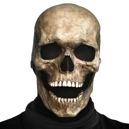 FAKKA Halloween Maske, Realistische Halloween Totenkopfmaske mit Beweglichem Kiefer, Gruselige Skelett Maske aus Natürlich Latex für Cosplay Halloween Party von FAKKA