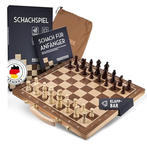 FALKENWERK Magnetisches Schachspiel Holz [38x38 cm] - Handgefertigtes Schachbrett aus Echtholz - Hochwertiges Schach Brett inkl. Anleitung & Tipps - Klappbares Chess Board mit Tragegriff von FALKENWERK