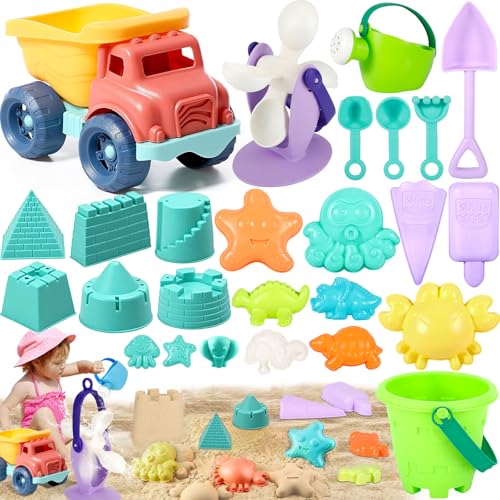 FAMKEEP Sandspielzeug Set,26 Stück Bunte Strandspielzeug Set,Sandkasten Spielzeug,Sandspielzeug Junge Mädchen,Sandformen,Strandspielzeug mit Wasserrad,Strandbuggy,Eimer,Netzbeutel für Age 2,3,4,5 von FAMKEEP