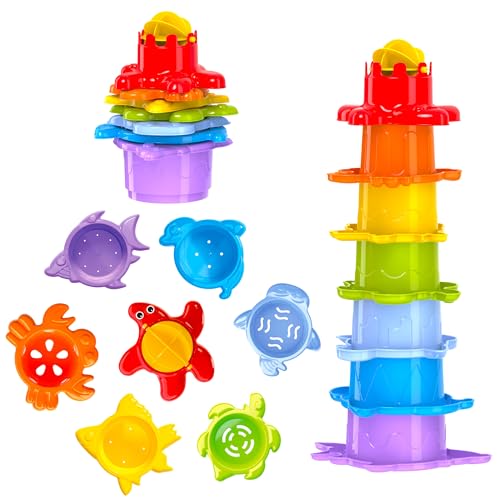 Stapelbecher Baby Stapelturm 29cm Badewanne Stapelspielzeug für Kinder ab 1 2 3 Jahr Wasserspielzeug, Badespielzeug und Sandspielzeug Kinder Motorikspielzeug für Jungen und Mädchen ab 12 Monaten von FANCY