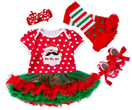FANCYINN Baby Mädchen Weihnachten Tutu Kleid Outfit Strampler 4PCS Set Polka Dot Santa von FANCYINN