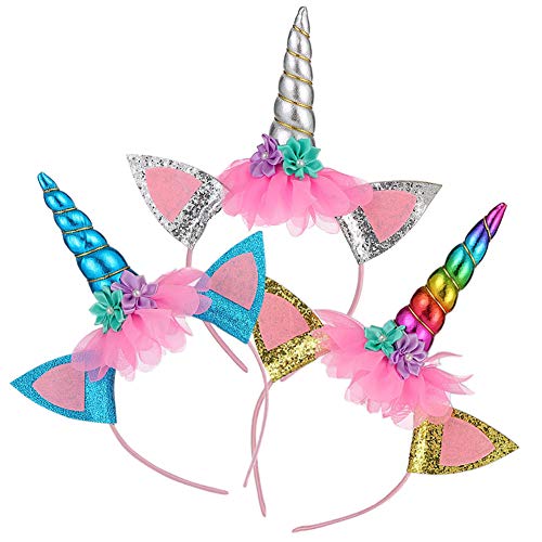 FANSEZQ 3 Einhorn-Kinderhaarbänder, Einhorn-Haarbänder, mit Einhornhorn-Haarschmuck und Ohren, verwendet für Ostern, Geburtstage, Partys usw von FANSEZQ
