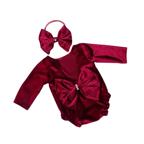 FANSHINUO Baby-Weihnachts-Foto-Requisiten-Set, weicher Pleuche-Overall, Baby-Strampler mit Stirnband, Säuglingskostüm für Neugeborene, Mädchen, Fotografie-Zubehör von FANSHINUO