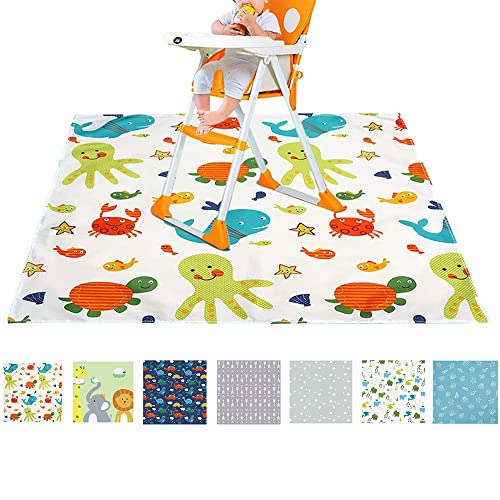 FANSU Hochstuhl Bodenmatte Wasserdicht Rutschfest, Karikatur Hochstuhl Spritzmatte Waschbar Spill Mat Spielmatte/Krabbelmatte/Campingmatte für Baby Kinder Fütterung, 130x130cm (beige Ozean) von FANSU