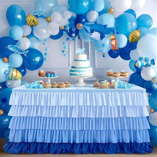FANSU Tüll Tischrock, Bunt Farbverlauf Tischrock Party Tisch Rock Deko Tischdecke Rund Rechteckig Tischdekoration für Geburtstag Kuchen Hochzeit Bankett Babyparty (Blau,6FT/183x77cm) von FANSU