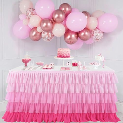 FANSU Tüll Tischrock, Bunt Farbverlauf Tischrock Party Tisch Rock Deko Tischdecke Rund Rechteckig Tischdekoration für Geburtstag Kuchen Hochzeit Bankett Babyparty (Rosa,6FT/183x77cm) von FANSU