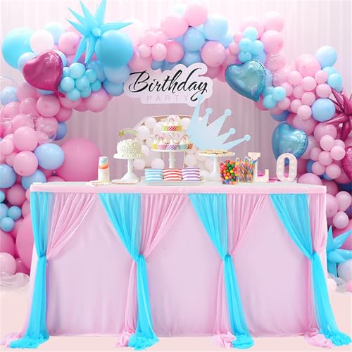FANSU Tüll Tischrock, Party Deko Tischrock Tischröcke Tisch Rock Tischdekoration, für Geburtstag Kuchen Hochzeit Bankett Babyparty Taufe Weihnachten (14FT/427x78cm,Blue + Pink) von FANSU
