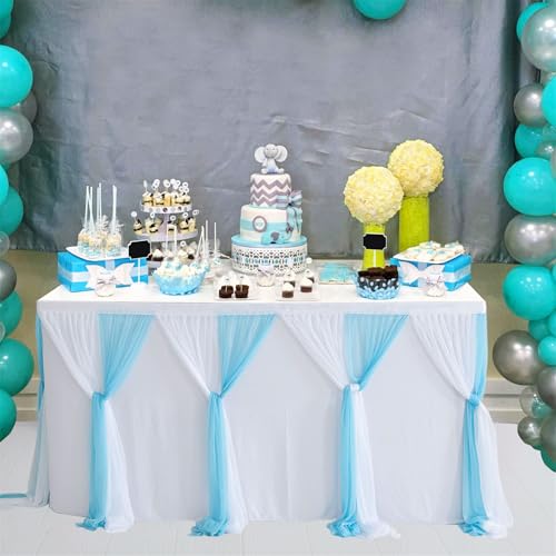FANSU Tüll Tischrock, Party Deko Tischrock Tischröcke Tisch Rock Tischdekoration, für Geburtstag Kuchen Hochzeit Bankett Babyparty Taufe Weihnachten (9FT/275x78cm,Blau + Weiß) von FANSU