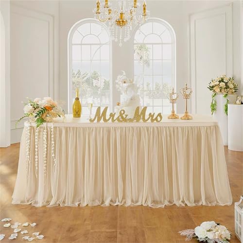 FANSU Tüll Tischrock, Tischrock Party Doppelschicht Tisch Rock Deko Tischdecke Rund Rechteckig Tischdekoration für Geburtstag Kuchen Hochzeit Babyparty Weihnachten (Beige,6FT/183x75cm) von FANSU