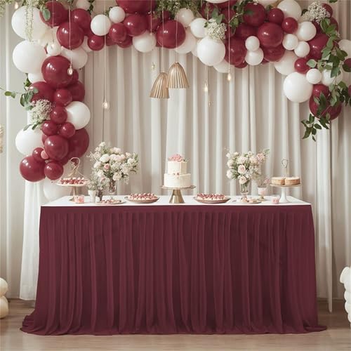 FANSU Tüll Tischrock, Tischrock Party Doppelschicht Tisch Rock Deko Tischdecke Rund Rechteckig Tischdekoration für Geburtstag Kuchen Hochzeit Babyparty Weihnachten (Burgund,14FT/426x75cm) von FANSU