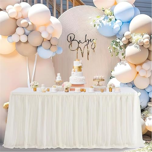 FANSU Tüll Tischrock, Tischrock Party Doppelschicht Tisch Rock Deko Tischdecke Rund Rechteckig Tischdekoration für Geburtstag Kuchen Hochzeit Babyparty Weihnachten (Milchweiß,14FT/426x75cm) von FANSU