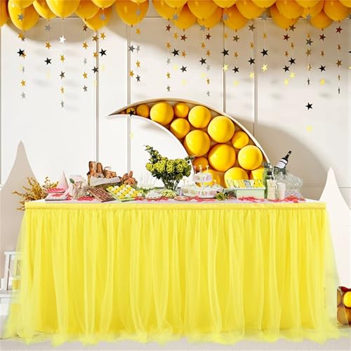 FANSU Tüll Tischrock, Tischrock Party Tisch Rock Deko Tischdecke Rund Rechteckig Tischdekoration für Kuchen Bankett Babyparty Taufe Hochzeit Weihnachten Geburtstag (Gelb,14FT/427x77cm) von FANSU