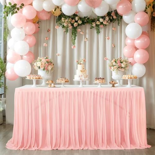 FANSU Tüll Tischrock,Tischrock Party Tisch Rock Deko Tischdecke Rund Rechteckig Tischdekoration für Geburtstag Kuchen Bankett Babyparty Taufe Hochzeit Weihnachten (Blassrosa,9FT/275x77cm) von FANSU