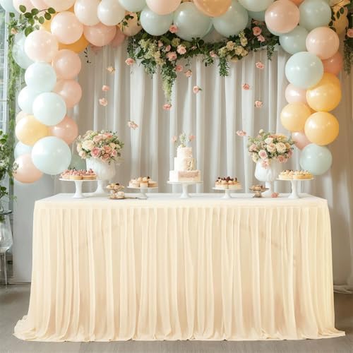 FANSU Tüll Tischrock,Tischrock Party Tisch Rock Deko Tischdecke Rund Rechteckig Tischdekoration für Geburtstag Kuchen Bankett Babyparty Taufe Hochzeit Weihnachten (Champagner,9FT/275x77cm) von FANSU