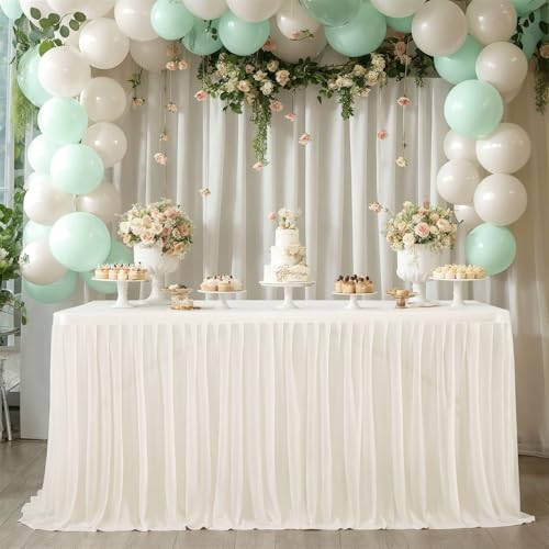 FANSU Tüll Tischrock,Tischrock Party Tisch Rock Deko Tischdecke Rund Rechteckig Tischdekoration für Geburtstag Kuchen Bankett Babyparty Taufe Hochzeit Weihnachten (Cremeweiß,9FT/275x77cm) von FANSU