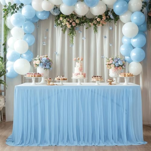 FANSU Tüll Tischrock,Tischrock Party Tisch Rock Deko Tischdecke Rund Rechteckig Tischdekoration für Geburtstag Kuchen Bankett Babyparty Taufe Hochzeit Weihnachten (Hellblau,6FT/183x77cm) von FANSU
