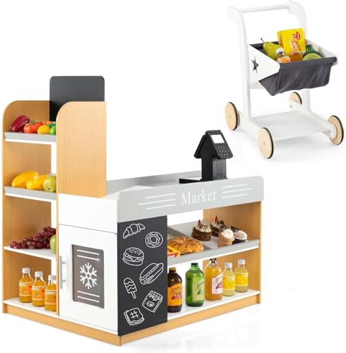 FANASK Wooden Kinderladen, Kindersupermarkt mit Einkaufswagen, Supermarkt mit Kasse & 2 Tafeln, Einkaufsladen für Kinder ab 3 Jahren FANASK Wooden Kinderladen, Kindersupermarkt mit Einkaufswagen, Supermarkt mit Kasse & 2 Tafeln, Einkaufsladen für Kinder ab 3 Jahren von FANTASK