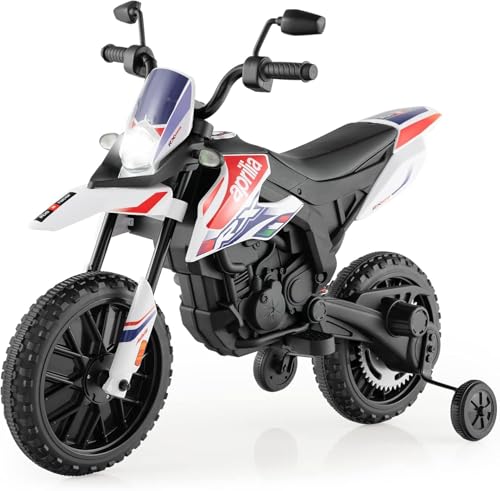 FANTASK 12V Elektromotorrad für Kinder 5,5-6 km/h, Kindermotorrad mit Stützrädern & Musik & Scheinwerfer, schwarz-weißes Motorrad für Kinder von 3 bis 8 Jahren von FANTASK