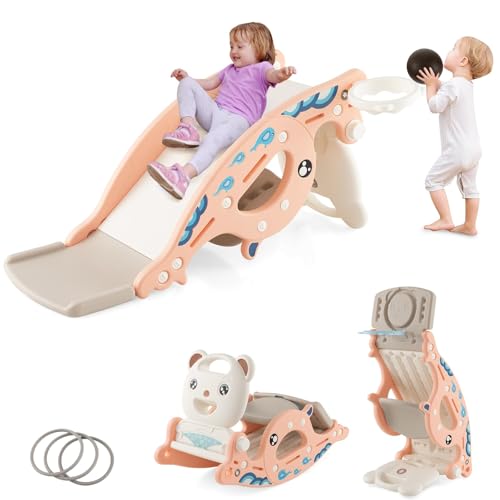 FANTASK 4 in 1 Kinder Rutsche, Rutsche + Schaukelpferd + Basketballkorb + Ringspiel für Kinder ab 3+ Jahren, Kinder Spielplatz, freistehende Kinderrutsche für Indoor & Outdoor (Rosa) von FANTASK